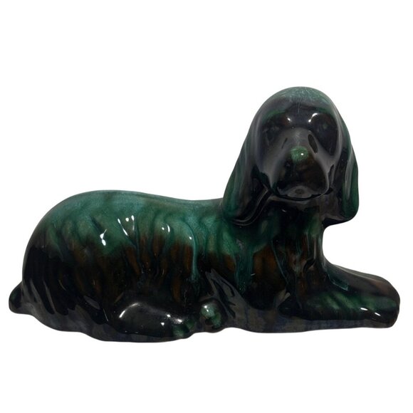 Blue Mountain Pottery Resting Dog Figurine Green Drip Glaze 10 x 5.5" MCM Canada - Picture 1 of 9